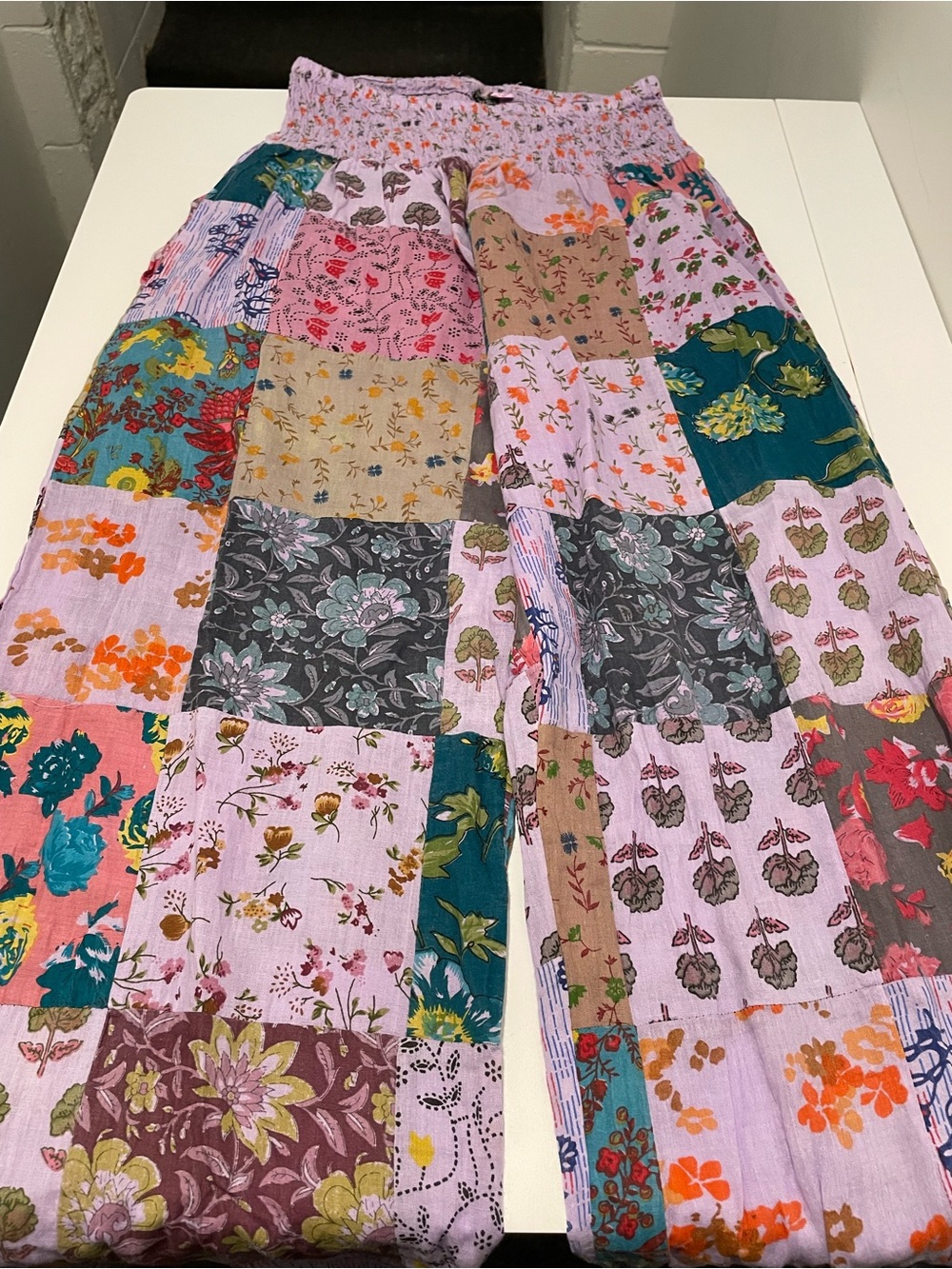 Unbranded Women's Free Size Pastel Floral Patchwork Wide Leg Pants Boho Purple